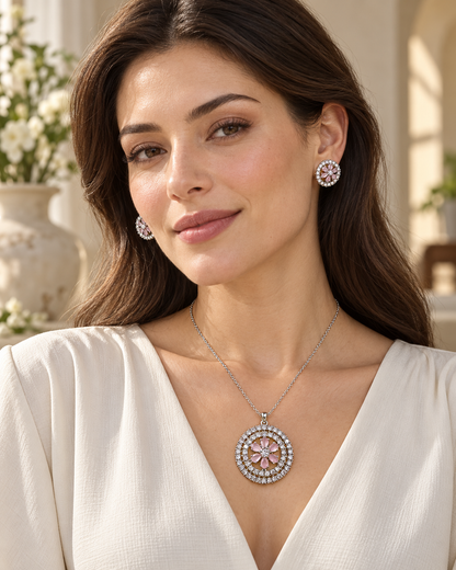 Model wearing daisy medallion chain pendant and stud set in Pink with Silver-tone finish