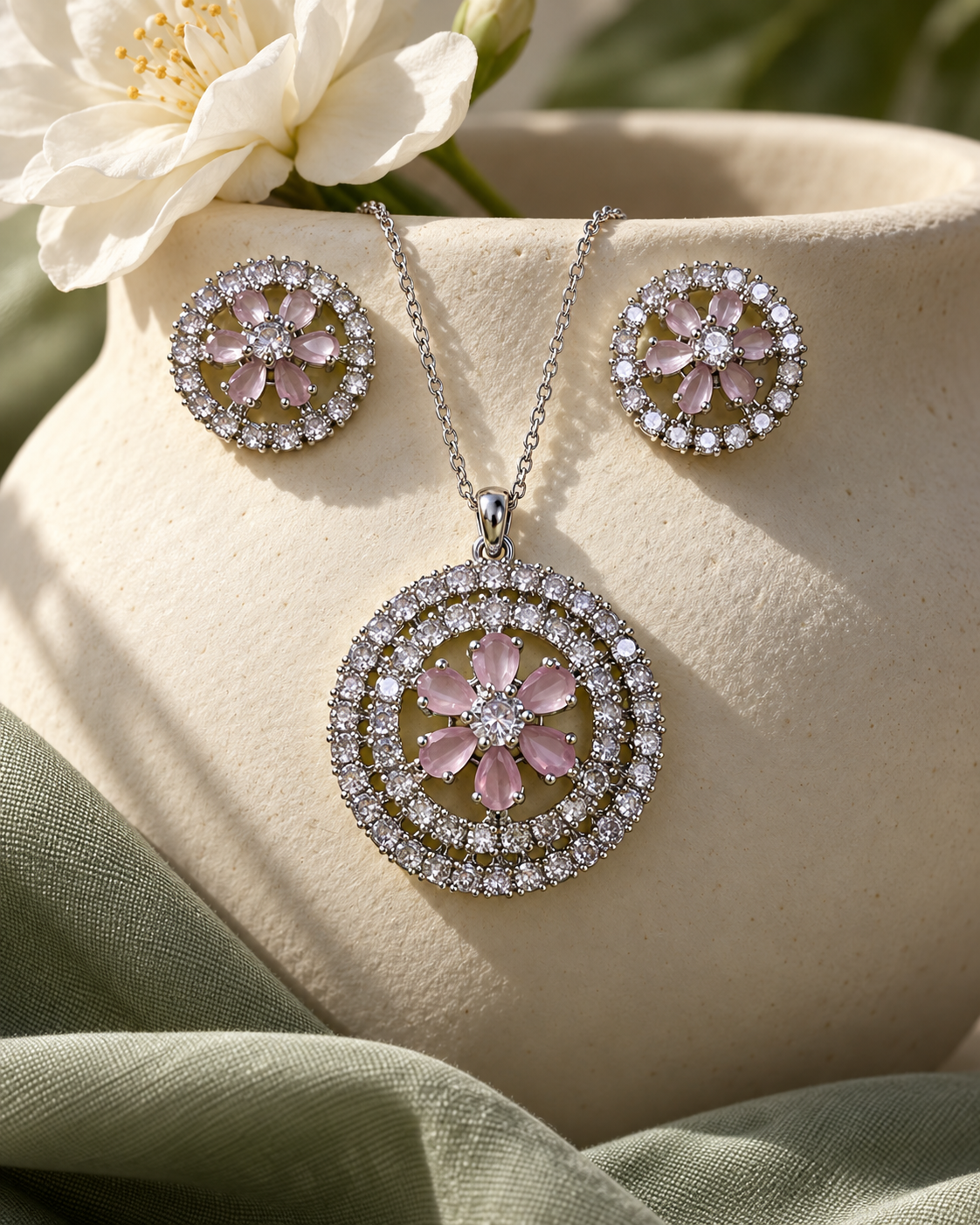Daisy Medallion Chain Pendant and Stud Set in Pink, Silver-tone setting, artistic jewellery display