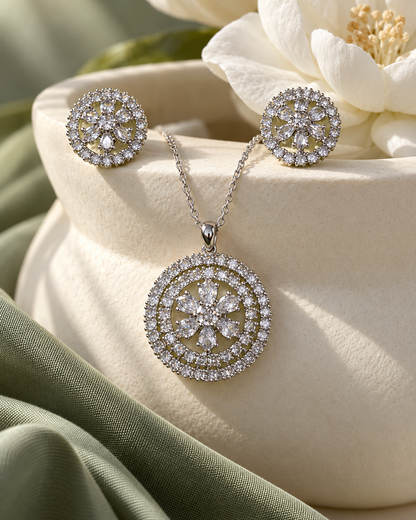 Daisy Medallion Chain Pendant and Stud Set in White, Silver-tone setting, artistic jewellery display