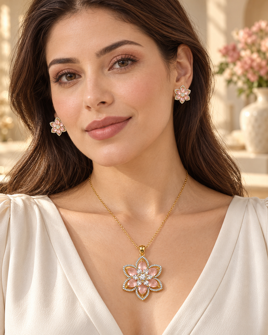 Model wearing open petal flower chain pendant set in Pink with Gold-tone finish