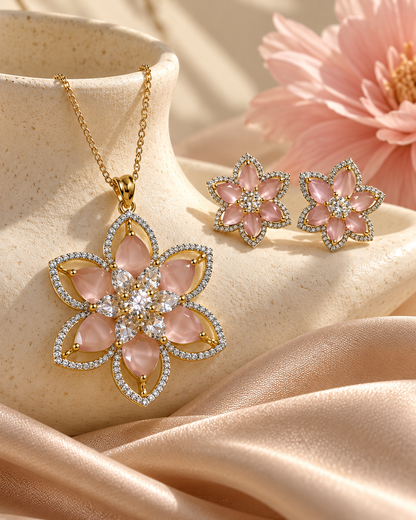 Open Petal Flower Chain Pendant Set in Pink, Gold-tone setting, artistic jewellery display