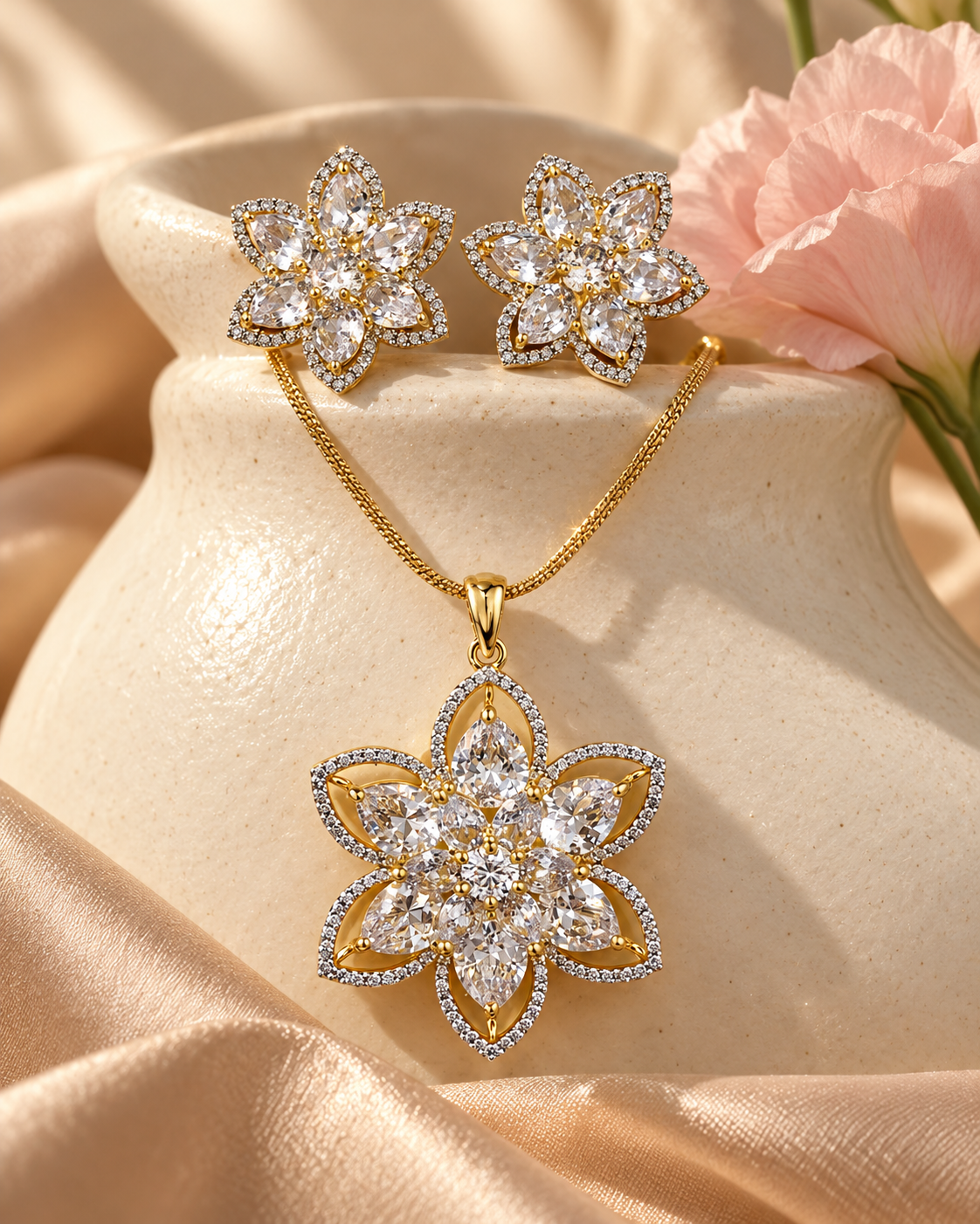 Open Petal Flower Chain Pendant Set in White, Gold-tone setting, artistic jewellery display