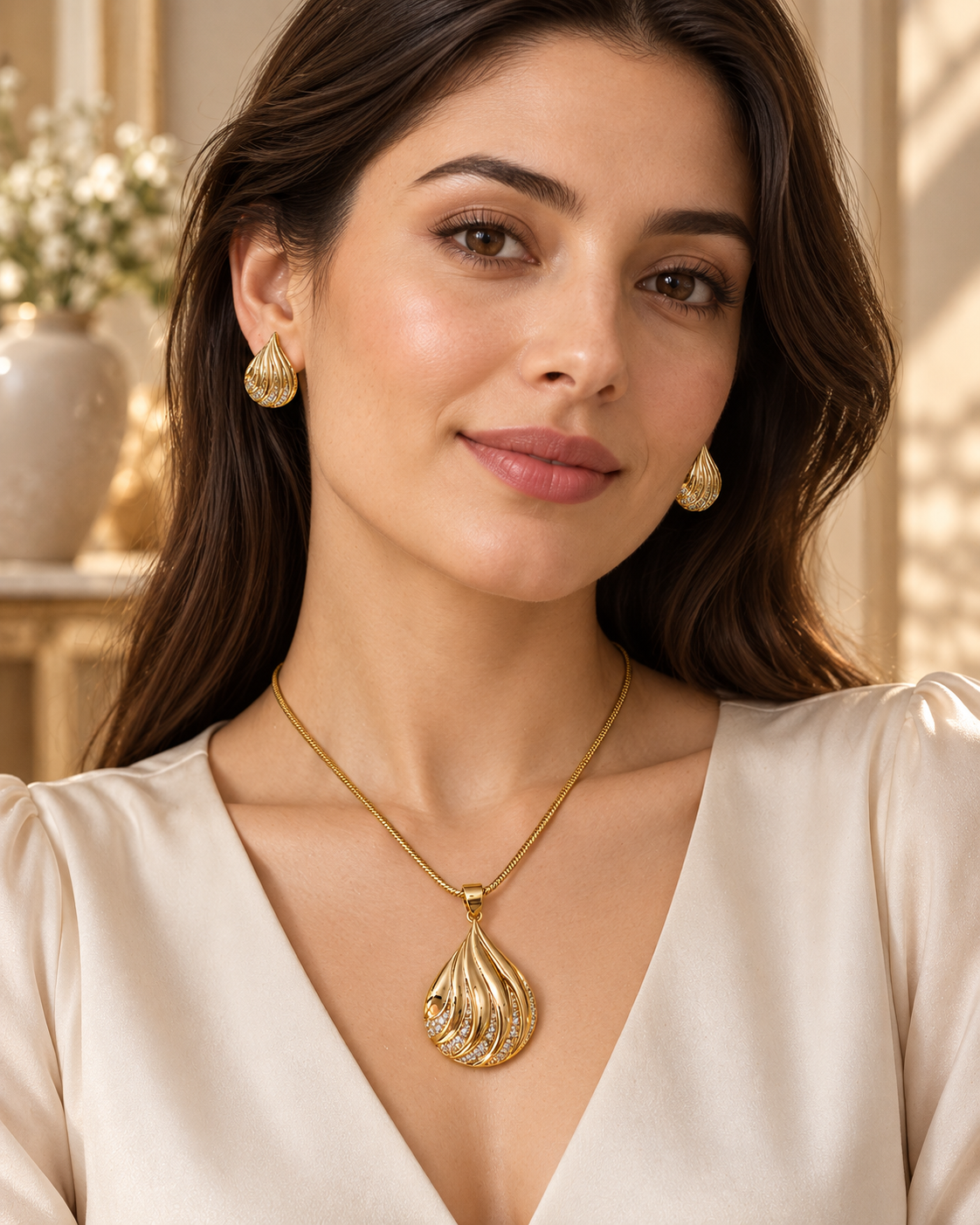Model wearing sculpted teardrop chain pendant and earring set in Gold with Gold-tone finish
