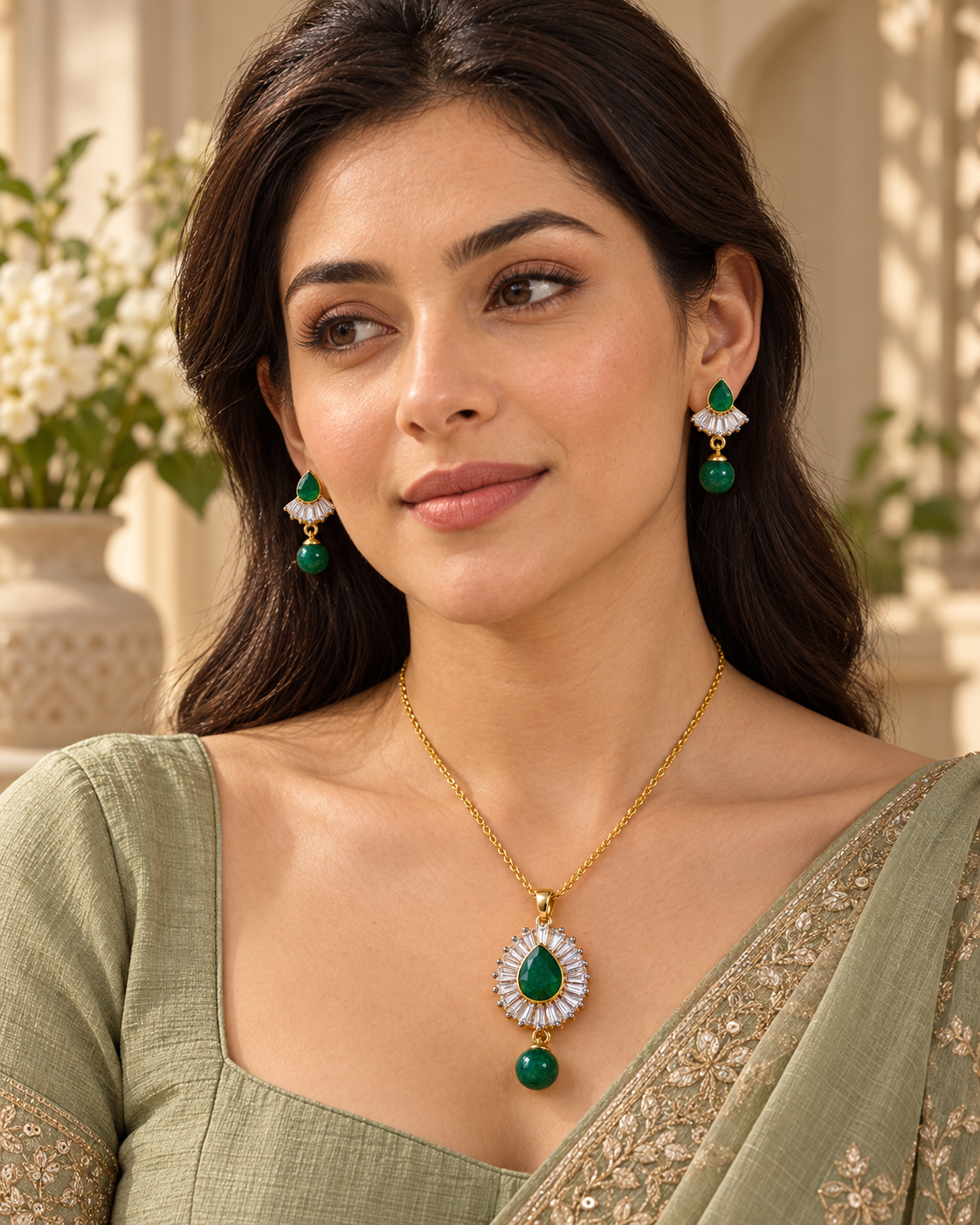 Model wearing green pear baguette chain pendant set in Green with Gold-tone finish