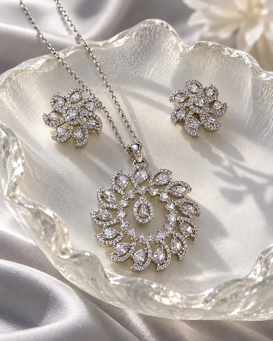 Spiral Sunflower Chain Pendant and Stud Set in White, Silver-tone setting, artistic jewellery display