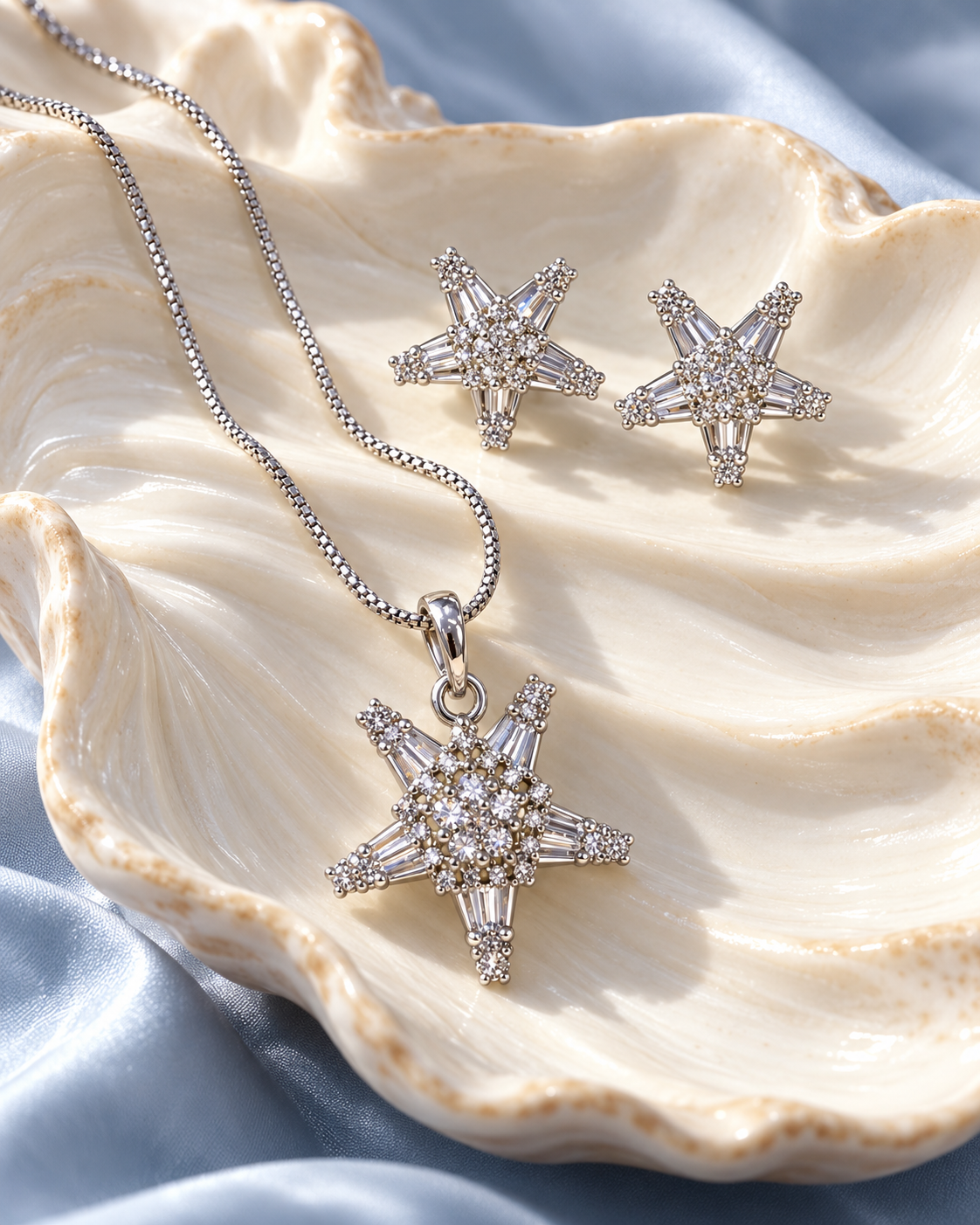 Starfish Chain Pendant and Stud Set in White, Silver-tone setting, artistic jewellery display