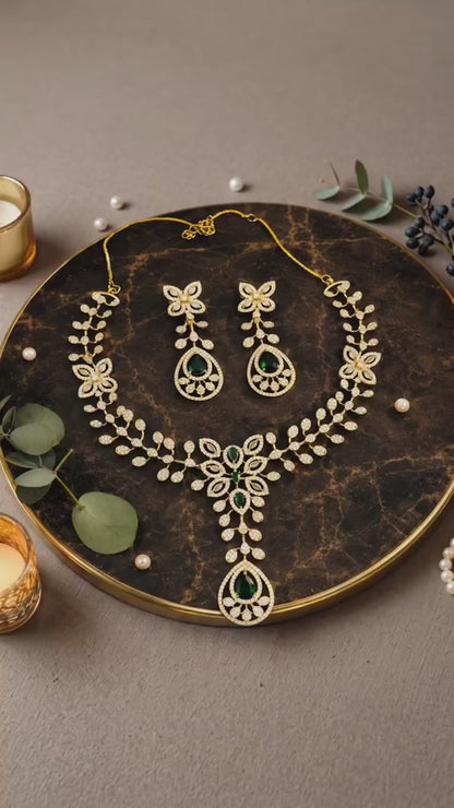 Rajsi Royal floral Antique Necklace Set | Kundan Polki Bridal Jewellery with Emerald Stones | MirakiStylez