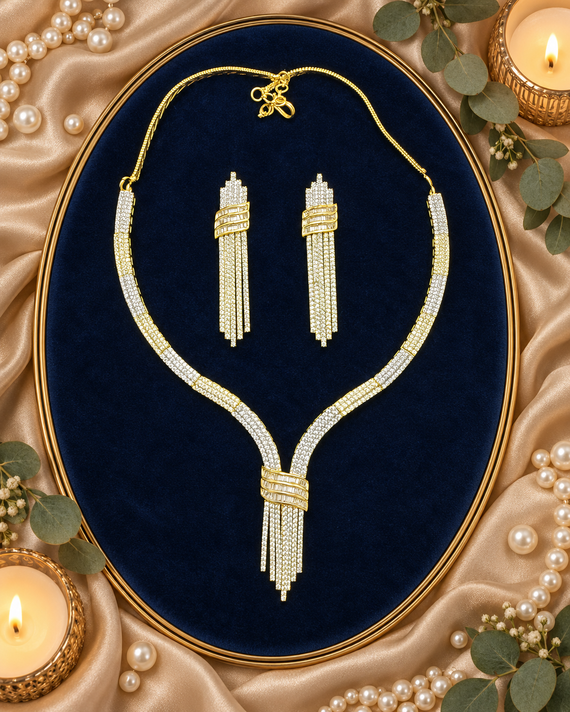 Miraki Stylez baguette crystal fringe necklace and earring set - gold tone