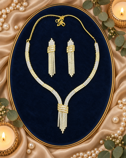 Miraki Stylez baguette crystal fringe necklace and earring set - gold tone