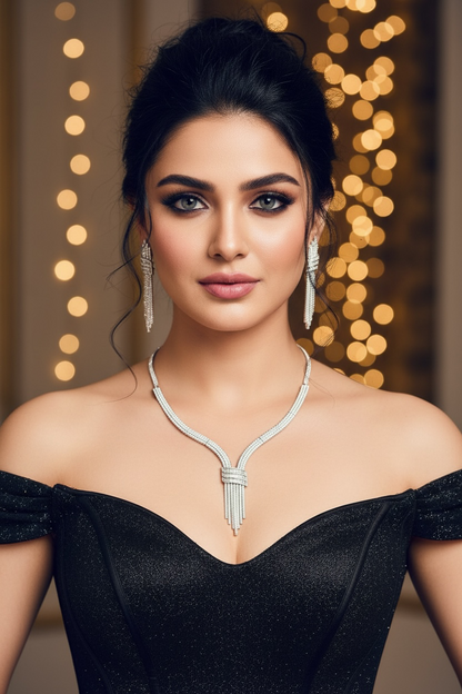 Miraki Stylez baguette crystal fringe necklace and earring set - silver tone, worn