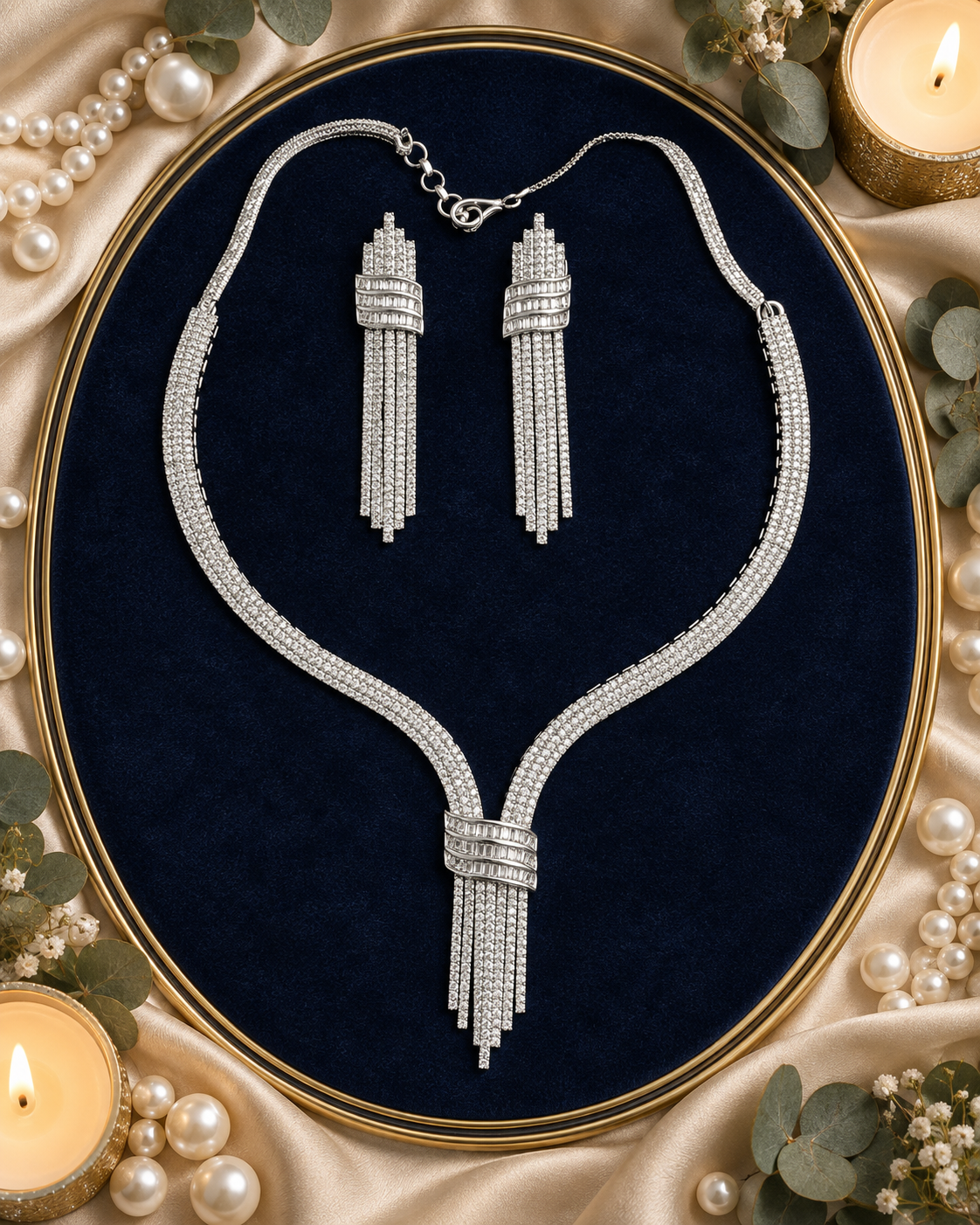 Miraki Stylez baguette crystal fringe necklace and earring set - silver tone, flat lay