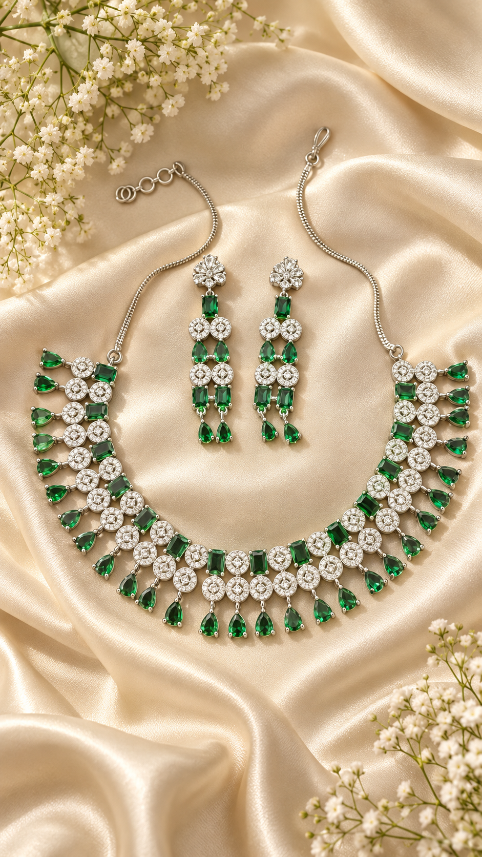 Miraki Stylez emerald green crystal statement necklace and earring set - flat lay