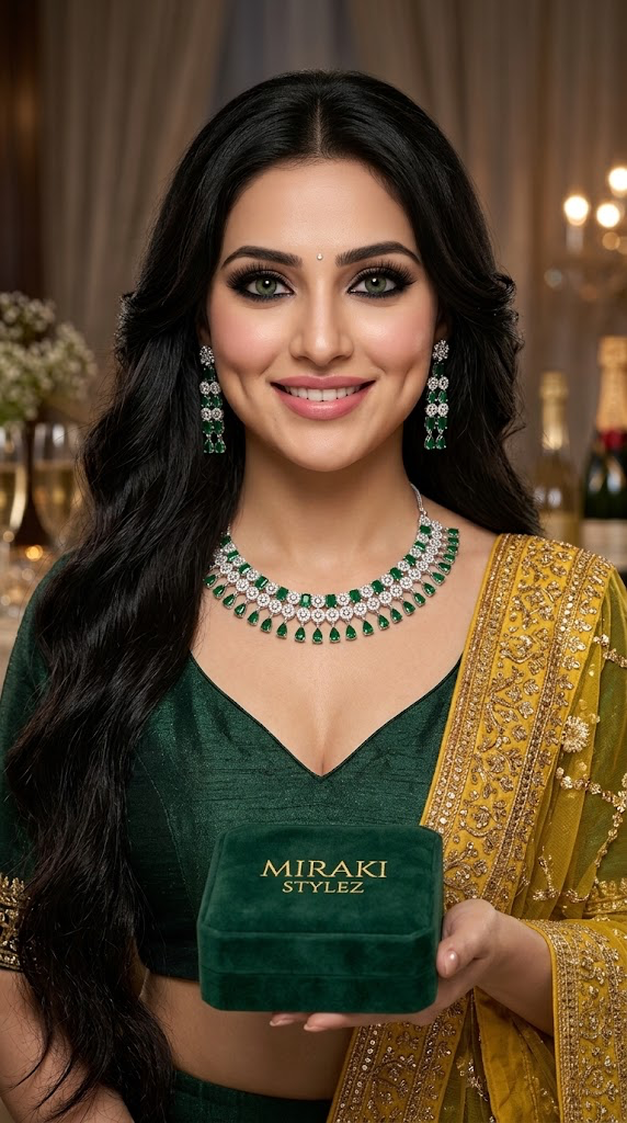 Miraki Stylez emerald green crystal statement necklace and earring set - worn