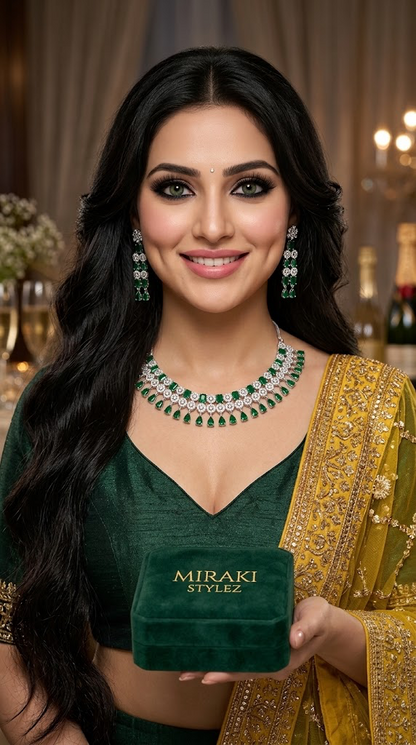 Miraki Stylez emerald green crystal statement necklace and earring set - worn